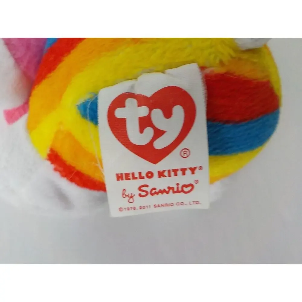 2011 Ty Beanie Babies Sanrio White Rainbow Stripe Hello Kitty w/ Muffin Plush 6